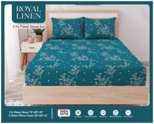 Teal Floral Blossom 3-Pc King Fitted Sheet Set